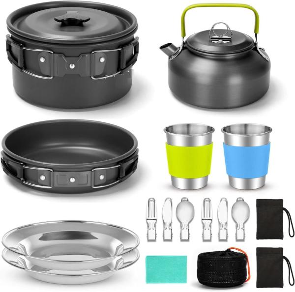 Camping Cookware Pots And Pans, Camping Cookware Mess Kit,Non-Stick Lightweight Pots Set Portable Outdoor Cookware