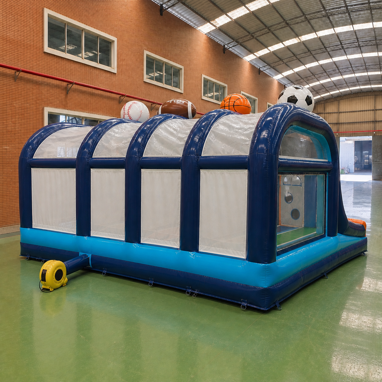 Commercial 4-in-1 Inflatable Multi-Sport Challenge Arena with Soccer Basketball Football and Baseball Target Stations for Events and Rentals