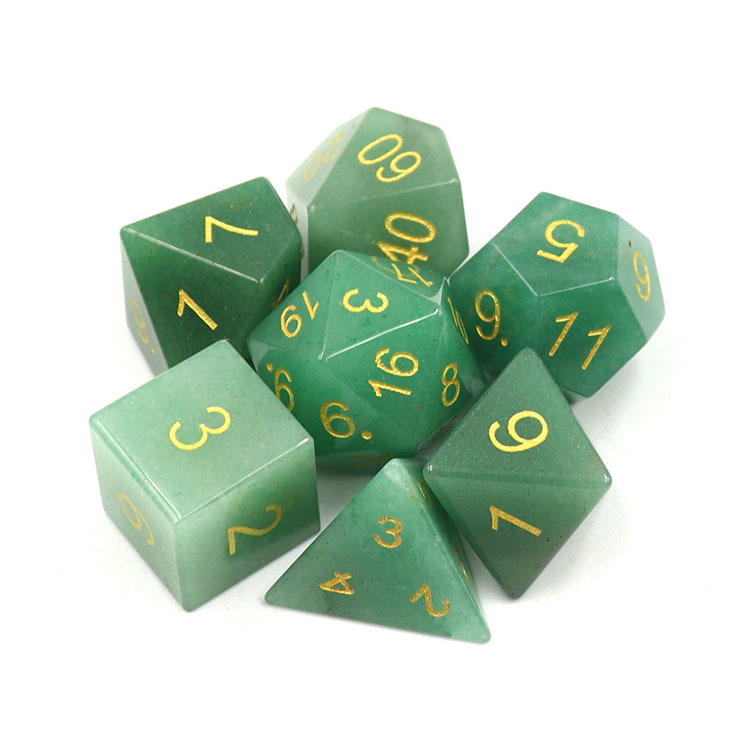 Natural Green Aventurine Gemstone Polyhedral Dice Set - Hand Carved DND Dice with Golden Ink Engraved Numbers