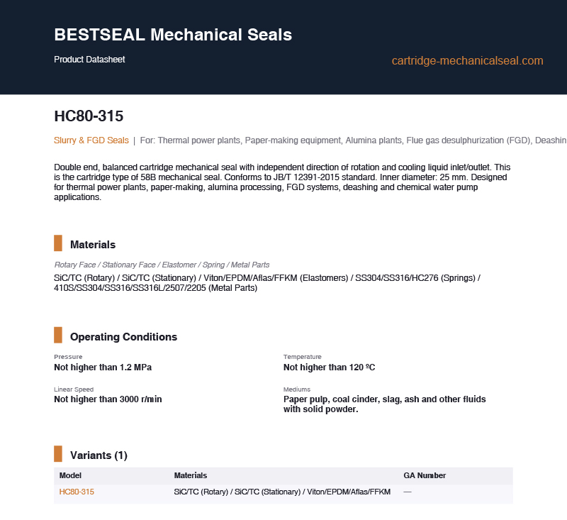 Type HC80-315 Double Cartridge Mechanical Seal for Slurry FGD Water Pumps