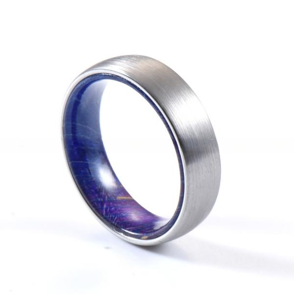 Sample Making 6mm Brushed Silver Tungsten Carbide Rings Inlay Blue Purple Box Elder Wood Flat Dome Beveled Edge Wedding Band