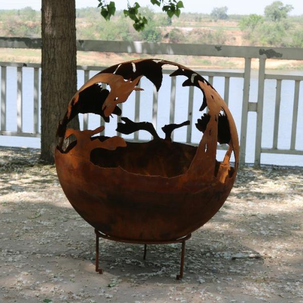 600mm Corten de aço redondo fogo exterior esfera de fogo de bola de poço para queima de madeira