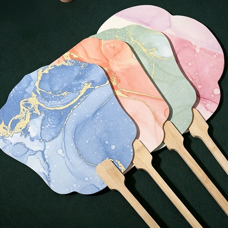 Marbled Paint Art Round Paper Hand Fans With Wooden Handles For Cultural Gifts