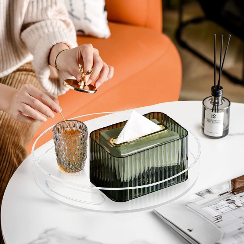 Clear Acrylic Round Serving Tray with Handle Transparent Single Tier Organizer for Kitchen Bathroom Fruit Cosmetics Storage