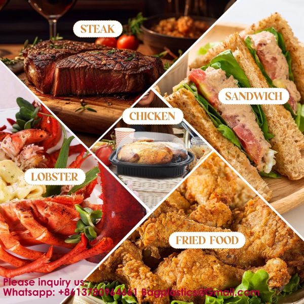 Large Rotisserie Chicken Roaster Container With Lids Black Plastic Chicken Food Storage Container Carrier Without Handle Rectangular Take Out Reusable Storage High Dome Clear Lid