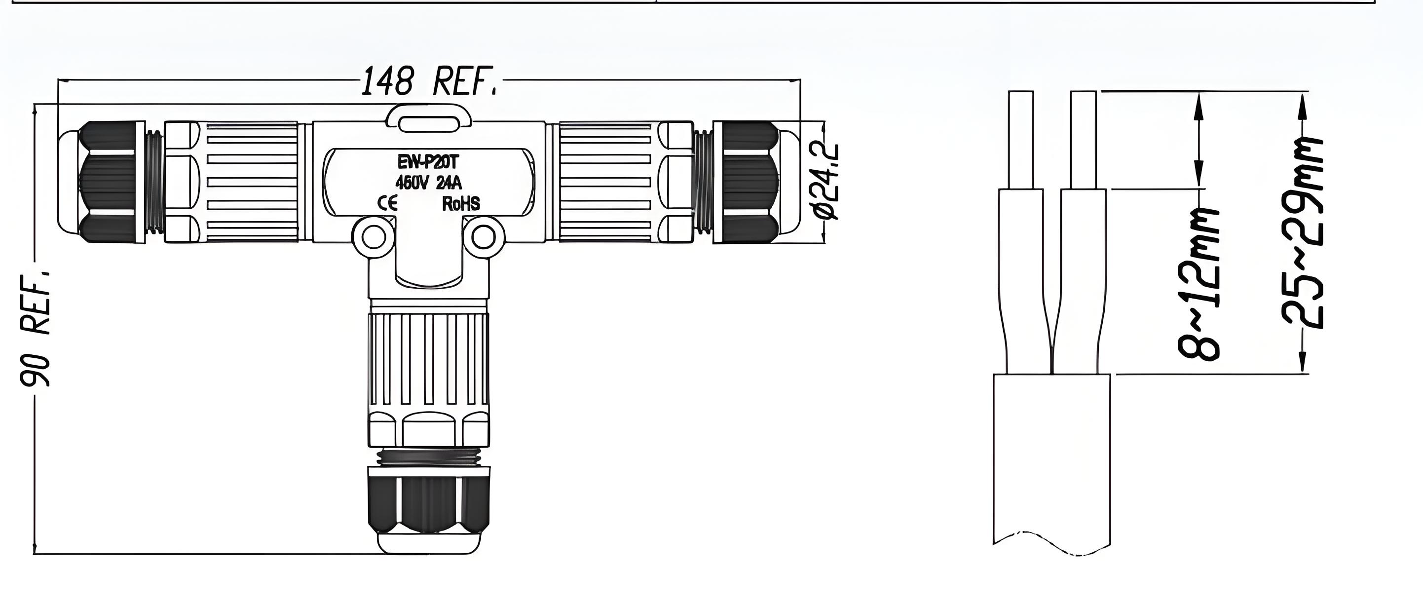 Waterproof Circular Connector T-Type 1 Input 2 Output with PA66 Material and 0.5mm²-2.5mm² Wire Gauge