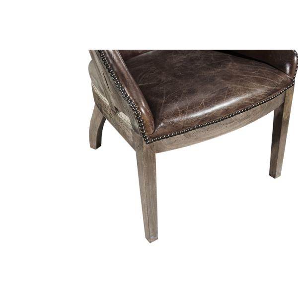 Vintage Cigar High Back Leather Armchair Solid Wood Linen Back Exposed Frame