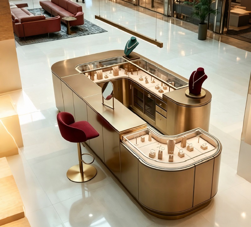 Luxury Champagne Gold Metal Body Jewelry Display Cabinet with Ultra-Clear Curved Tempered Glass and Built-in High-CRI LED Lighting