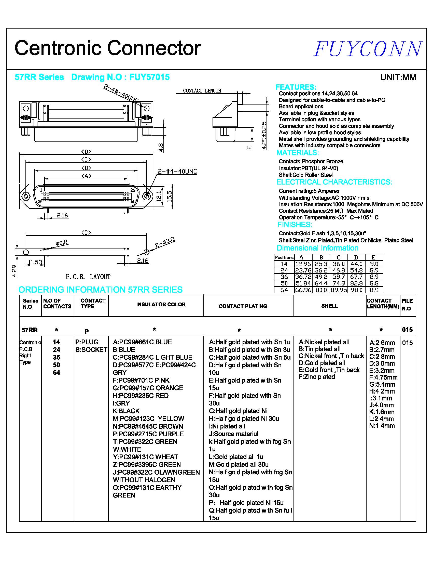 Pin соединителя 36 PCB принтера чемпиона Centronic мужчины 64pin прямоугольный аттестовал UL