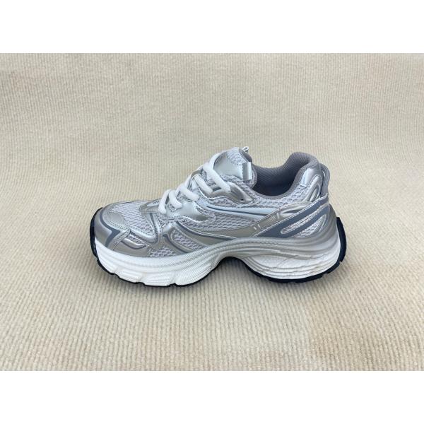 Women white silver sport shoes with thick soled and breathable mesh upper PU