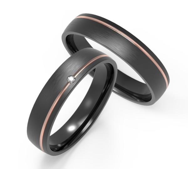 Anneau en titane noir mat avec une bague unique en or rose avec une bague en couple en zircon