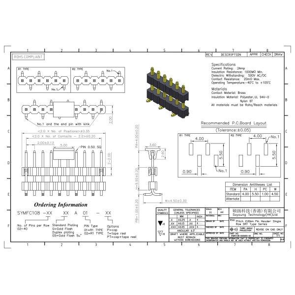 2.00mm Single Row SMT Type Pin Header Connector Board to Board Connector 1*2PIN To 1*40PIN
