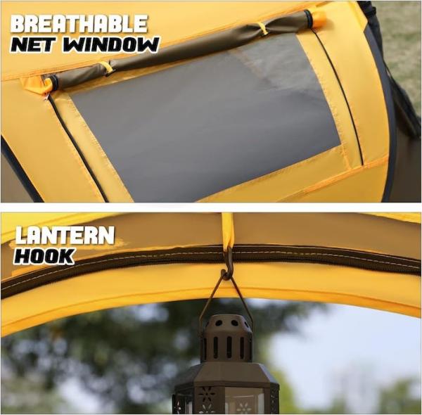 96*59*41 polegadas de poliéster amarelo 4 Temporada Pop Up Camping Tent com janelas de malha e design à prova d'água para 2 pessoas