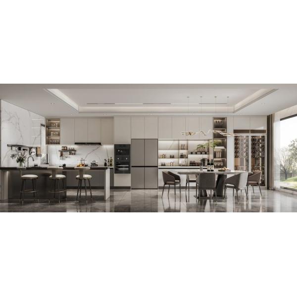 Кухонные шкафы из нержавеющей стали с бежевой отделкой