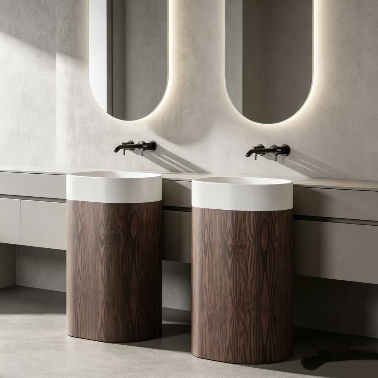 Stain Resistant Travertine Pedestal Sink Woodgrain & White Bowl Custom
