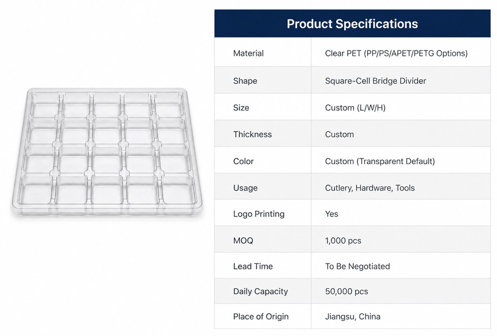 Clear PET Blister Tray Square Cell Bridge Divider Vacuum Formed Packaging Tray for Cutlery Hardware Tools Custom