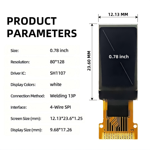 0.78 OLED Display Module with 80x128 Resolution and 4-Wire SPI Interface