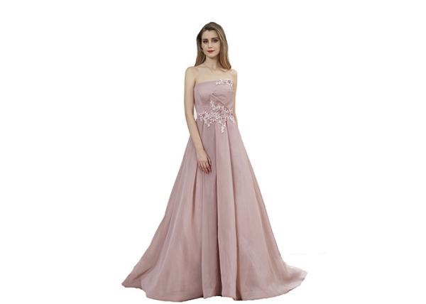 Strapless Net Ball Gown Cameo Brown Ladies Evening Dresses Flower Decor