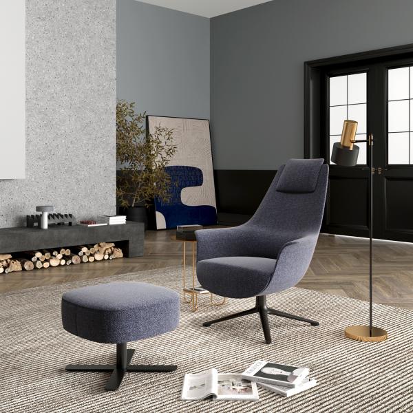 High Back Office Lounge Chair With Ottoman , Fabic Modern Swivel Recliner With Footrest