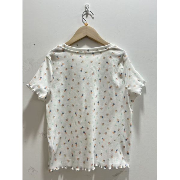 Casual Pineapple Print Ribbed Knit Set - Ruffle Hem T-Shirt & Shorts