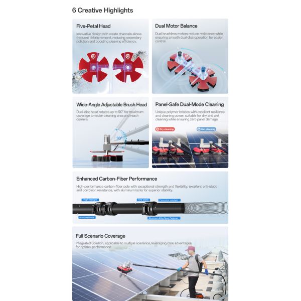 Solar Panel Cleaning Brush Designed for Operational Safety and Maximum Cleaning Efficiency with Balanced Dual Motor System