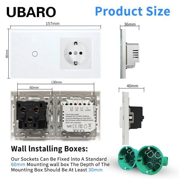 157*86mm European Standard Touch Light Switch with Tempered Glass Panel and Single Live Wire Control