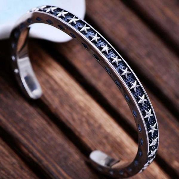 Vintage Black Rhodium Plated Thai 925 Sterling Silver Star Bangle Bracelet(XH057344W)