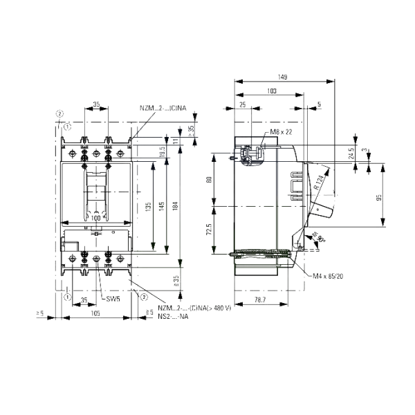 Interruptor de circuito de caja moldeada de la serie Eaton NZMN2 NZMN2-VE100 con voltaje nominal de CA de 680V