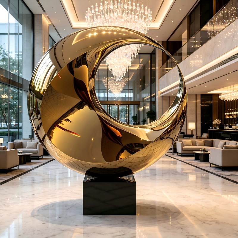 Titanium Gold Polished Stainless Steel Abstract Ring Sculpture with Black Granite Base | Modern Large Outdoor & Indoor Luxury Metal Art Statue