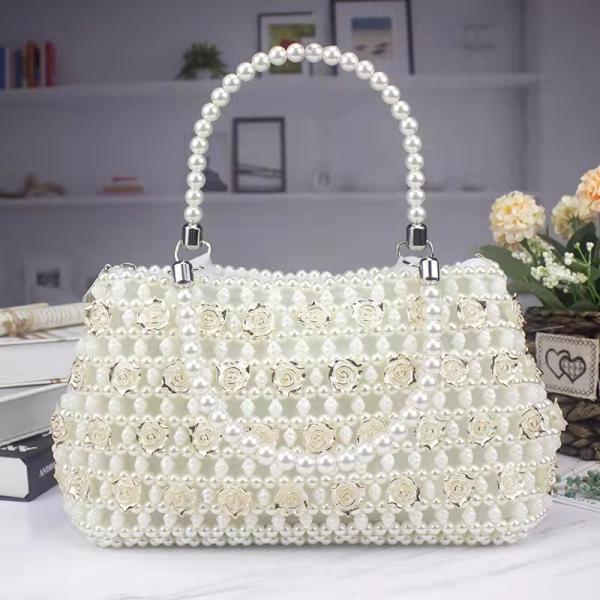 White 6mm Pearl Clutch Handbag Hand Woven Gold Rose shape OEM ODM