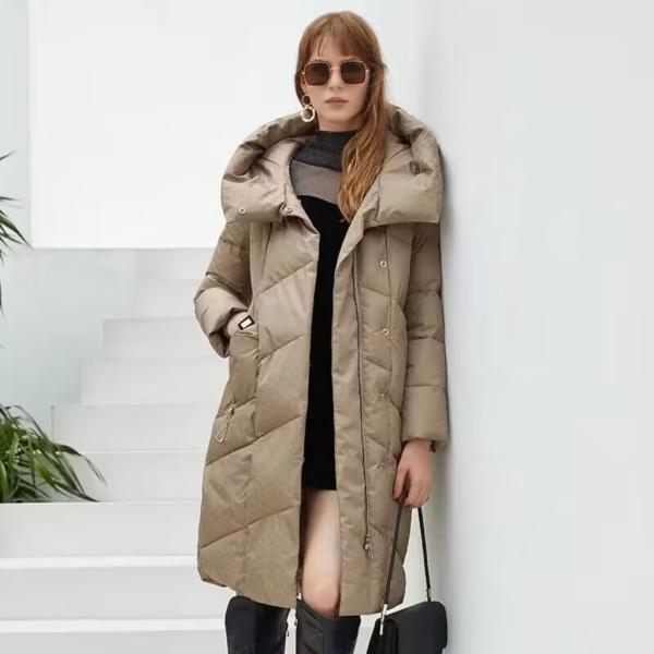                  Winter Long Thick Padded Coat Women Printed Fabric Coat Fashion Casual Belted Jacket             