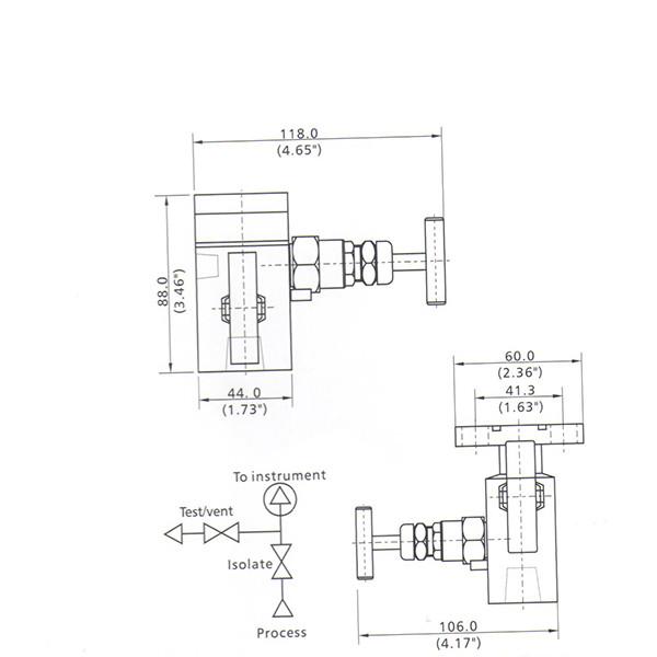 6000 Psi Instrument  Manifold 200℃ 2 Way  Manifold Valve 1/4 Female NPT