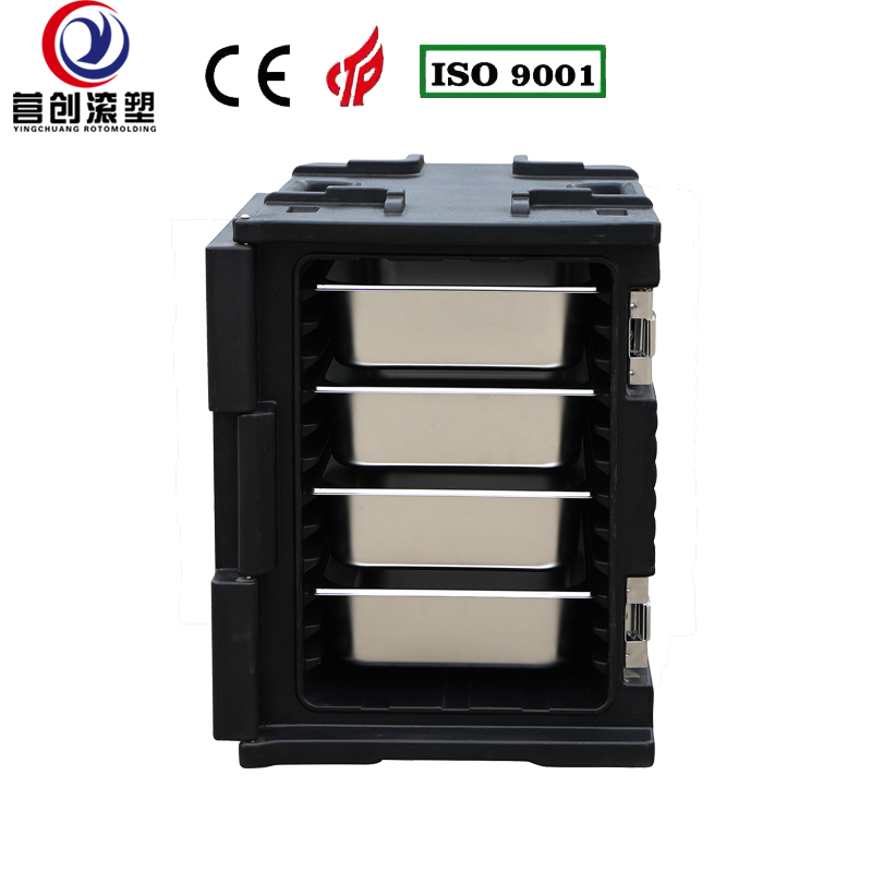 YINGCHUANG ROTOMOLDING OEM 90L Black Rotomolded Insulated Box With Small Casters, Thick PU Foam Hot & Cold Holding GN Pan Food Transport Cabinet For Central Kitchen Catering Canteen
