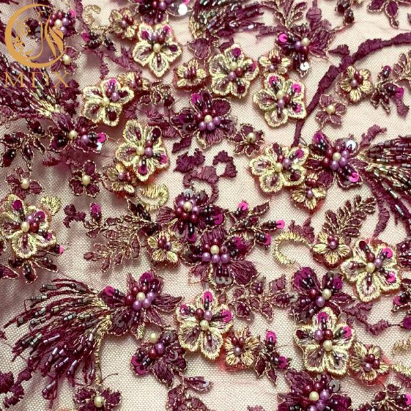 Purple 3D Embroidery Lace Fabric 0.9144 Meter For Nigerian Wedding Dress