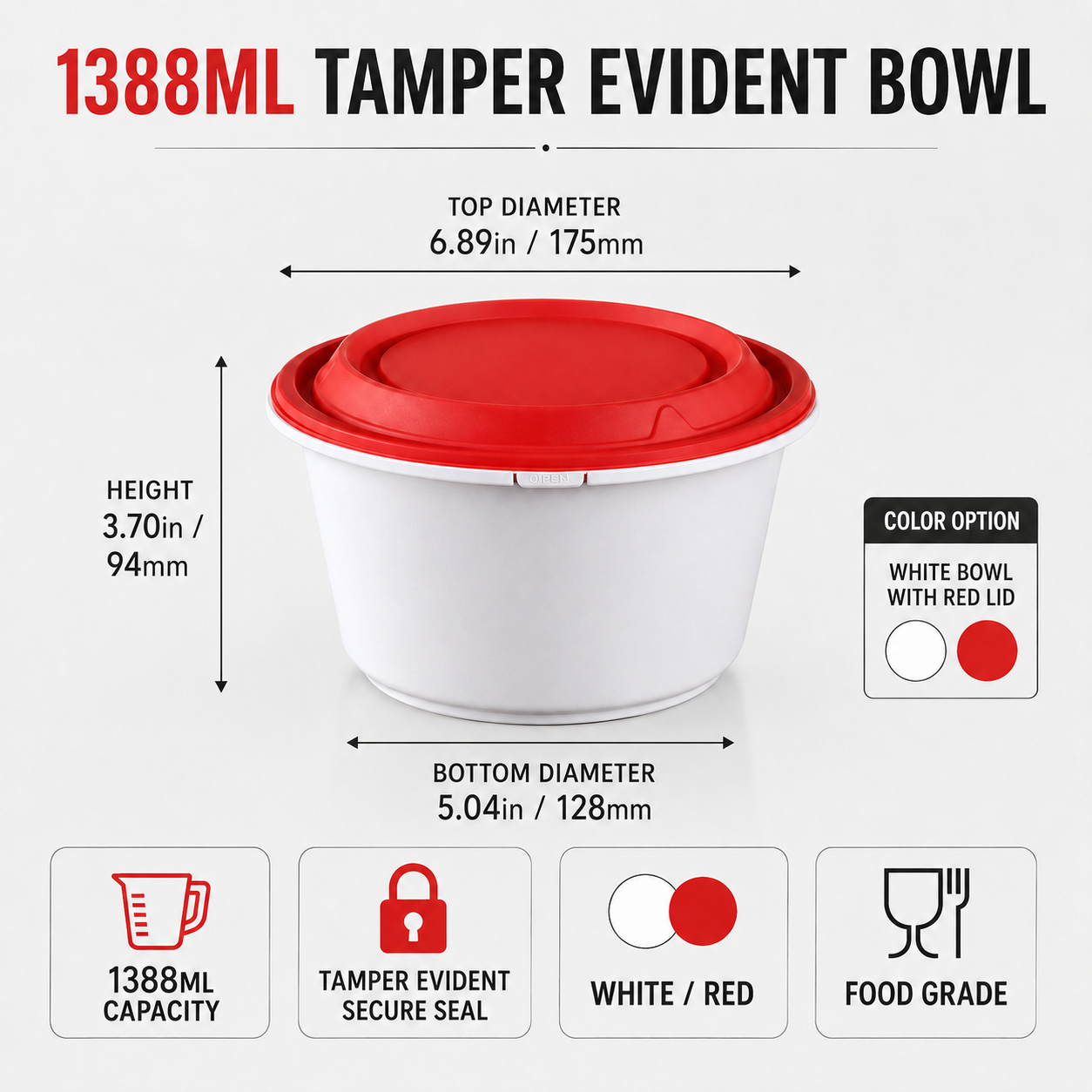 Takeaway PP Snap Lock Bowls 1388ml Tall with Red Tamper Evident Lid
