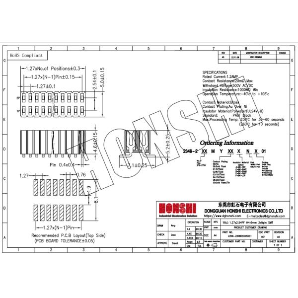 1.27x2.54mm SMD Type Board To Board Connector 2x2 2x50pin Female Pin Header Connector