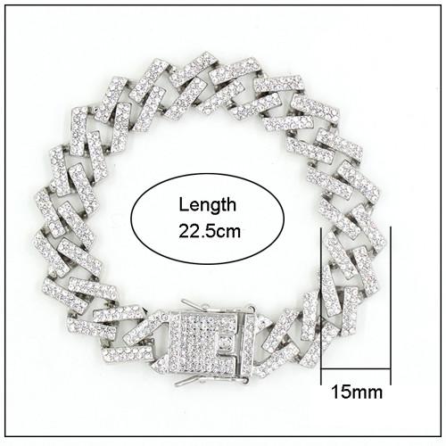 Hot Sale 15mm Hip Hop Iced Out Rhinestone Miami Cuban Link Chain Bracelet for Men and Women Girls Jewelry Gifts