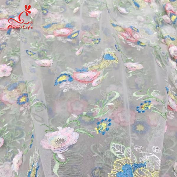 Colorful Floral Embroidery Fabric With Sequins Swiss Mesh Volie Lace