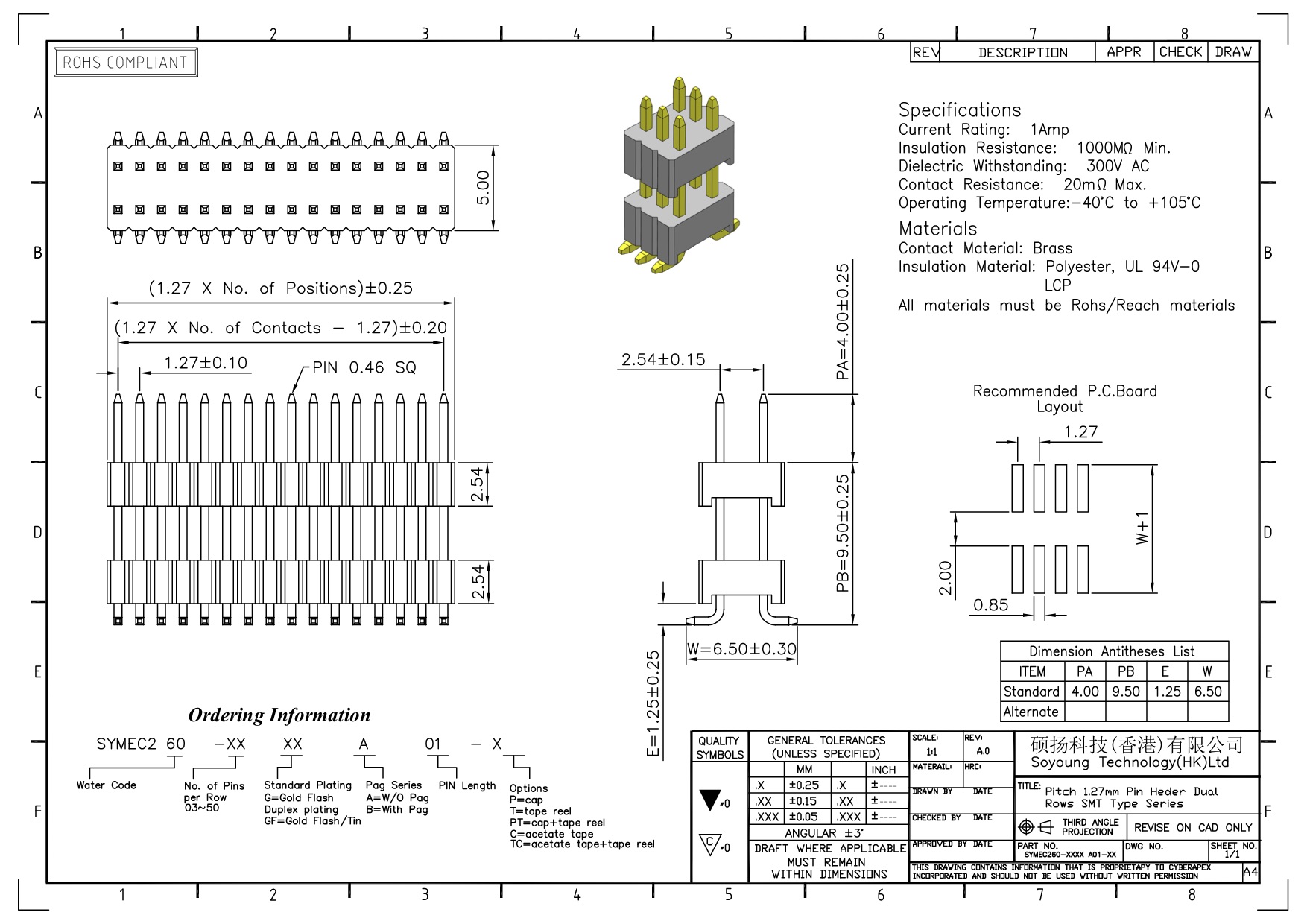 стога прямое SMT заголовка строки 1.27*2.54mm тип 2 *3PIN двойного женского к 2*40PIN SQ0.46mm