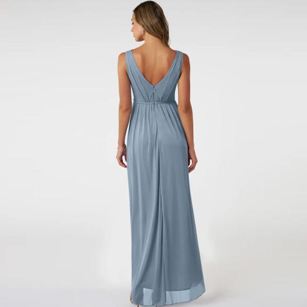 Elegant A-Line Front Split Slit Sky Blue Chiffon V-Neck Sleeveless Pleated  Backless Plus Size YKK Zipper