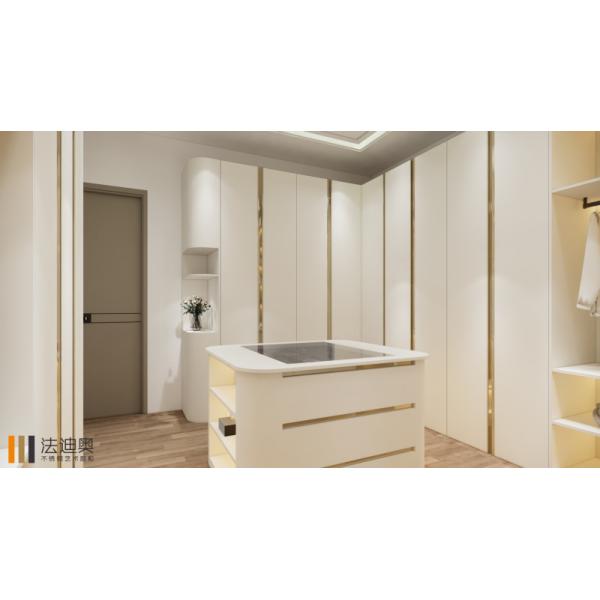 White Stainless Steel Walk-In Closet with Gold Accents & Vanity