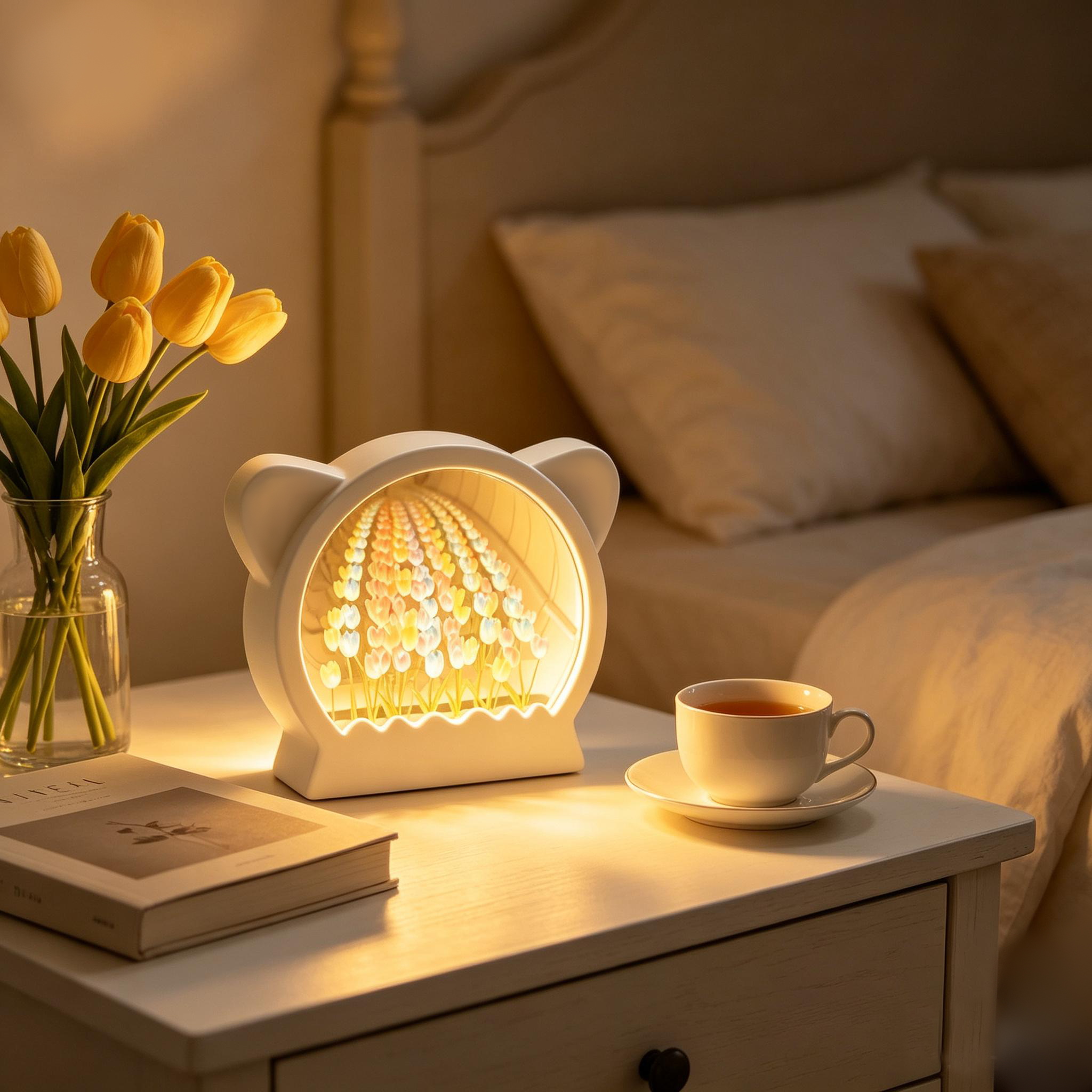 Cat Ear Tulip Infinity Mirror Night Light 3D For Bedroom Decor Birthday Valentine Gift