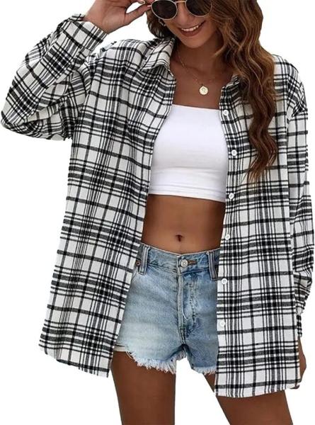                  Women′s Flannel Plaid Shirts Button Down Regular Fit Long Sleeve Casual Shirts Pure Cotton Oversized Blouse             