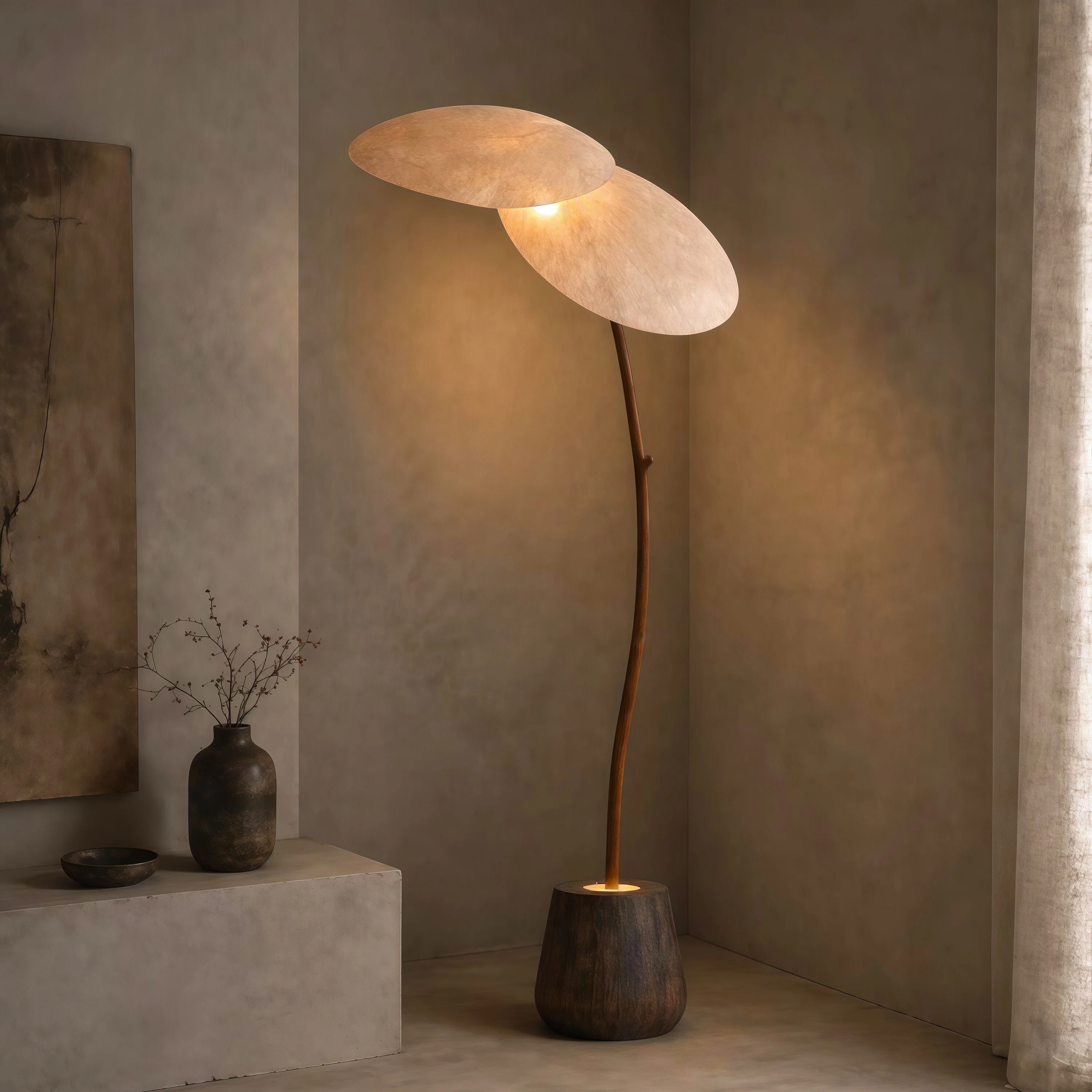 JYLIGHTING Wabi‑Sabi Curved Wood Fabric Shade Floor Lamp, Dual‑Shade Standing Ambient Light for Sofa Side, Villa and Upscale Residential Projects