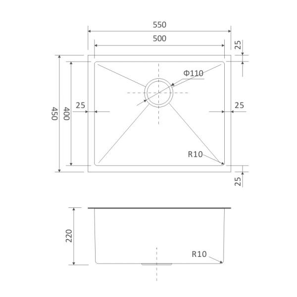 21 5/8 550mm 1 Bowl Brushed Stainless Steel Undermount Kitchen Sink 55x45