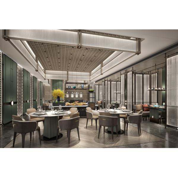 O conjunto de móveis do hotel e restaurante inclui cadeira de couro e mesa redonda de mármore