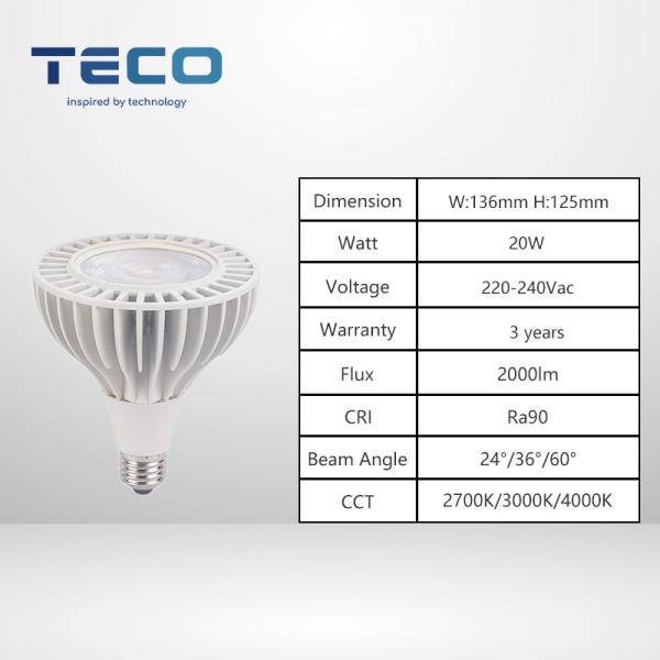 Teco 2700k Very Wamr White PAR38 Led Bulbs 230v Non Dimmable Ra90 20w 24 Degree