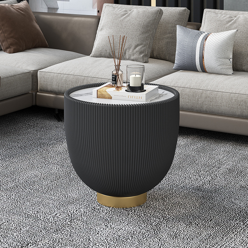 Modern Design Iron Frame Sofa Side Table with Sponge PU Base Bowl-Shaped Rock Plate Top for Tea Coffee Living Room Furniture
