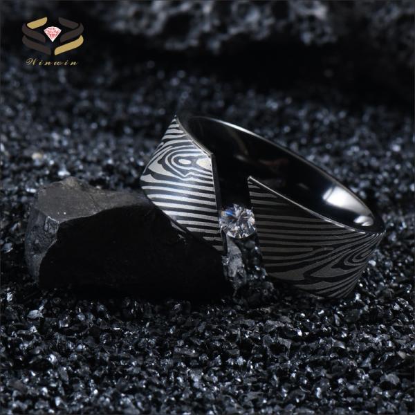 Men'S Titanium Rings Laser Damascus Steel Wood Grain Cubic Zirconia Inlayed