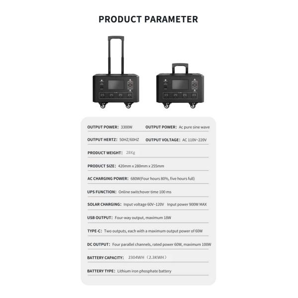 Leakage Protection Portable Solar Battery Charging Station 2.3KWH 3.3KW For Fast Charging